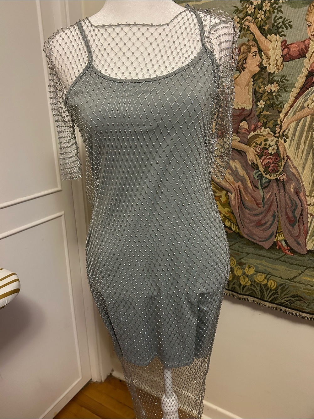 Silver Mesh Overlay Slip Dress - Elegant Layered Women's Dress